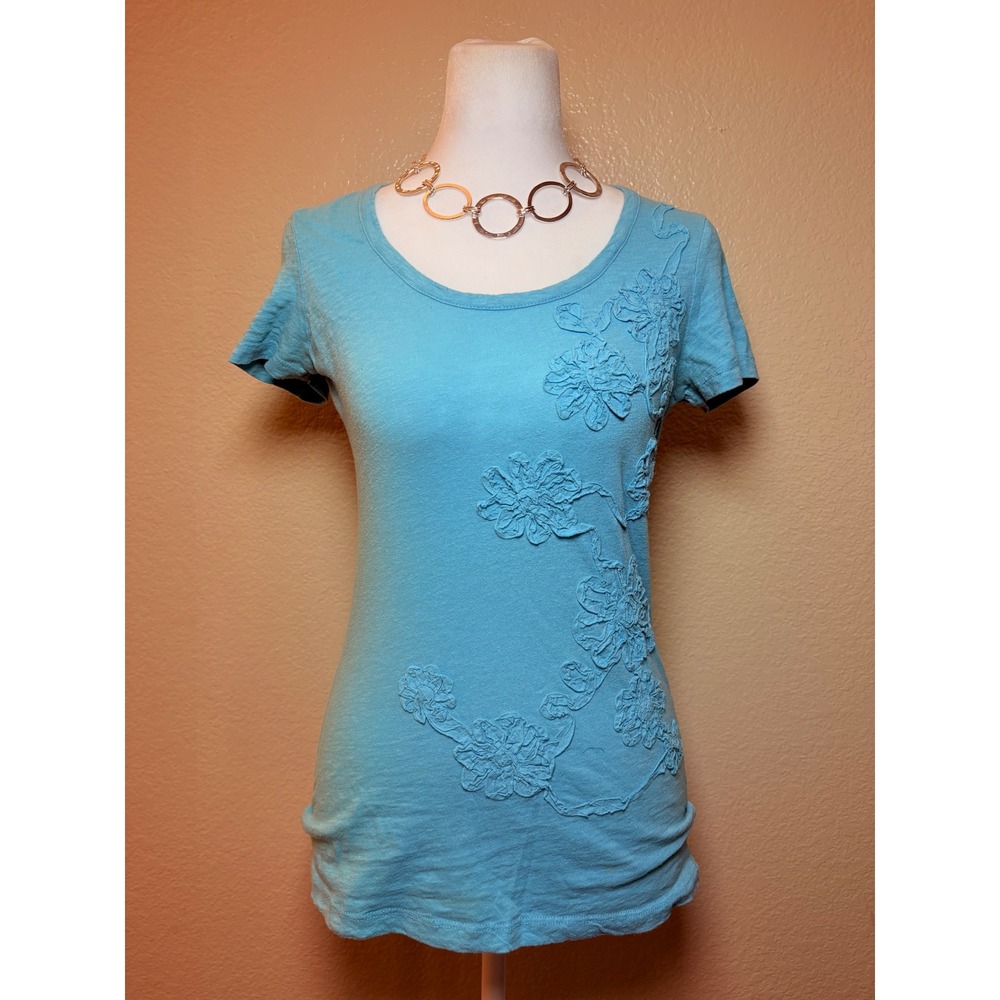 Y2K Charlotte Russe Blue Floral Applique Scoop Neck Cotton Tee Shirt #11